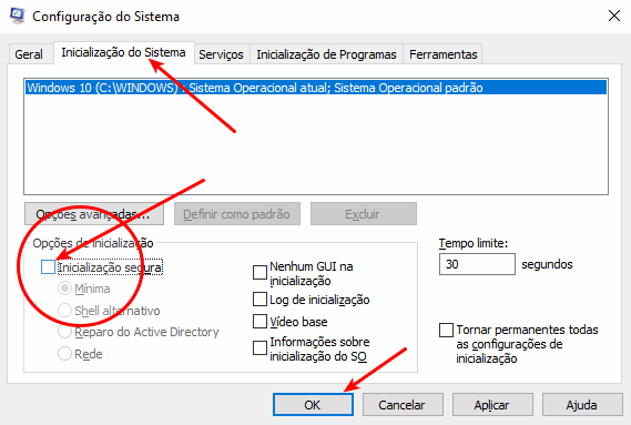 Desabilitando o modo seguro pelo msconfig