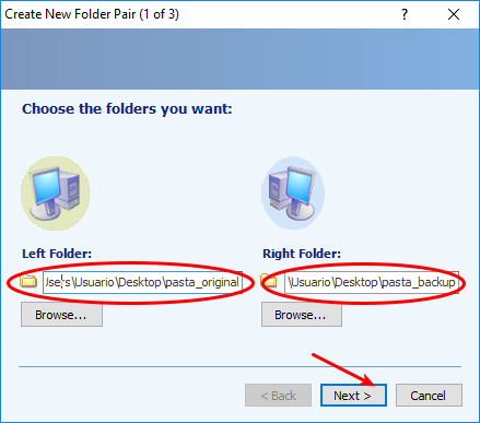Backup simples e rápido com SyncToy 12 Do lado esquerdo a origem, do direito o destino