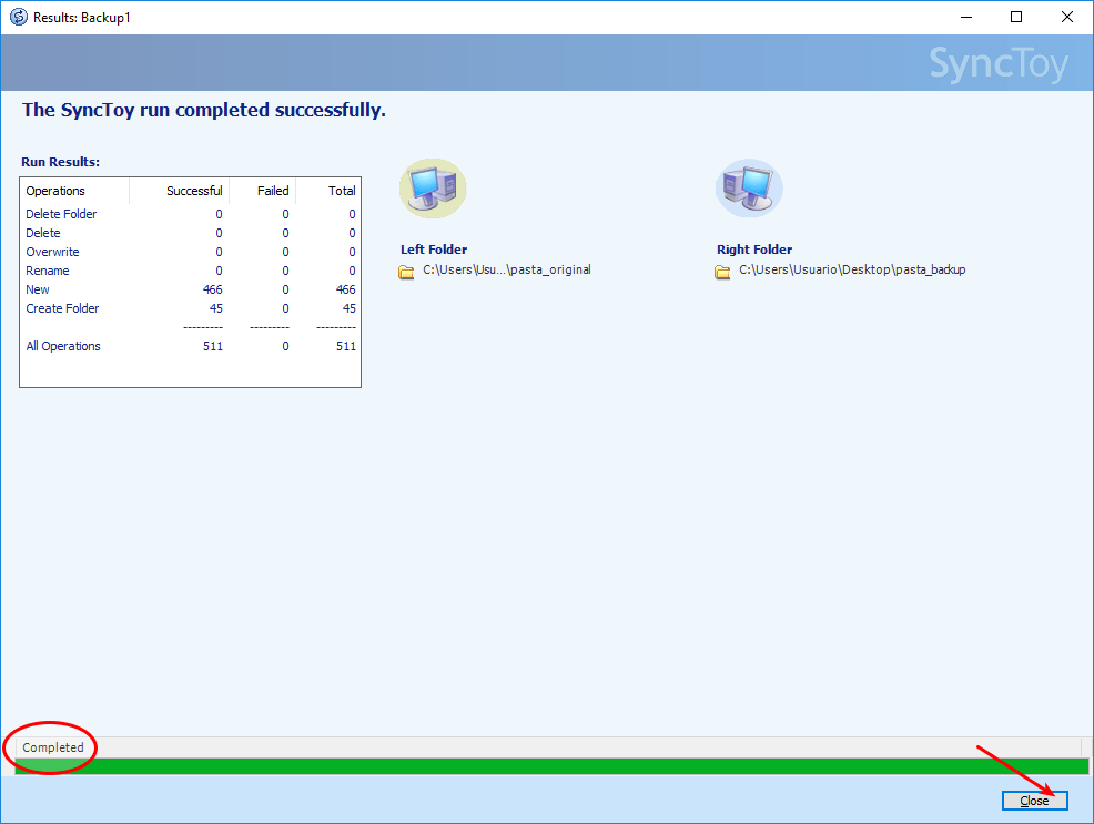 Backup simples e rápido com SyncToy 16 Processo terminado