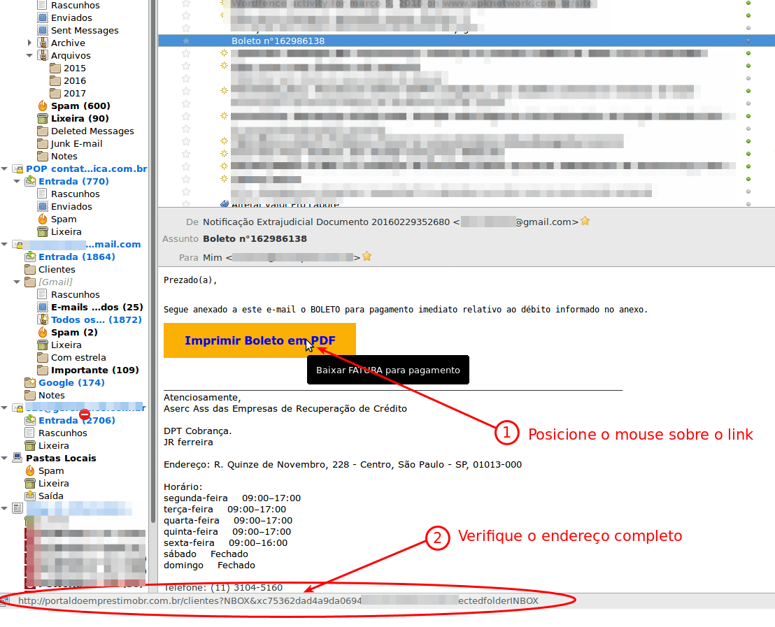 E-mail falso de Notificação Extrajudicial 3 Verifique o link do boleto