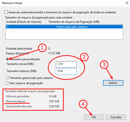 Memória virtual - Tamanho personalizado