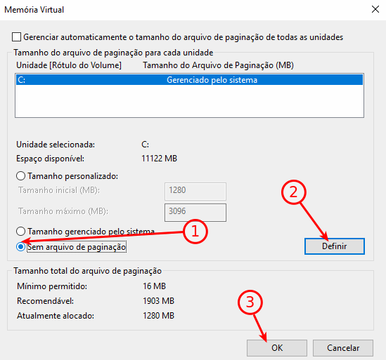 Memória virtual desabilitada