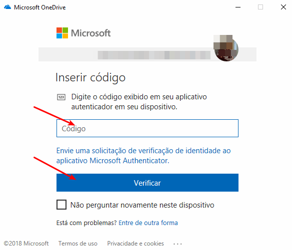 OneDrive - Colocar código de confirmação