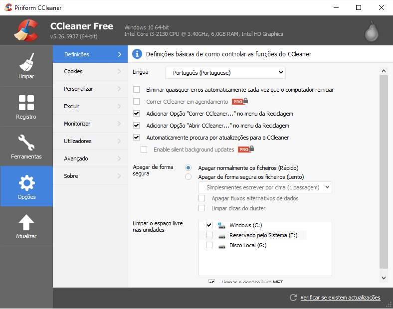 Usando o CCleaner para fazer uma limpeza em seu PC ou Mac 29 Opções - Definições Básicas