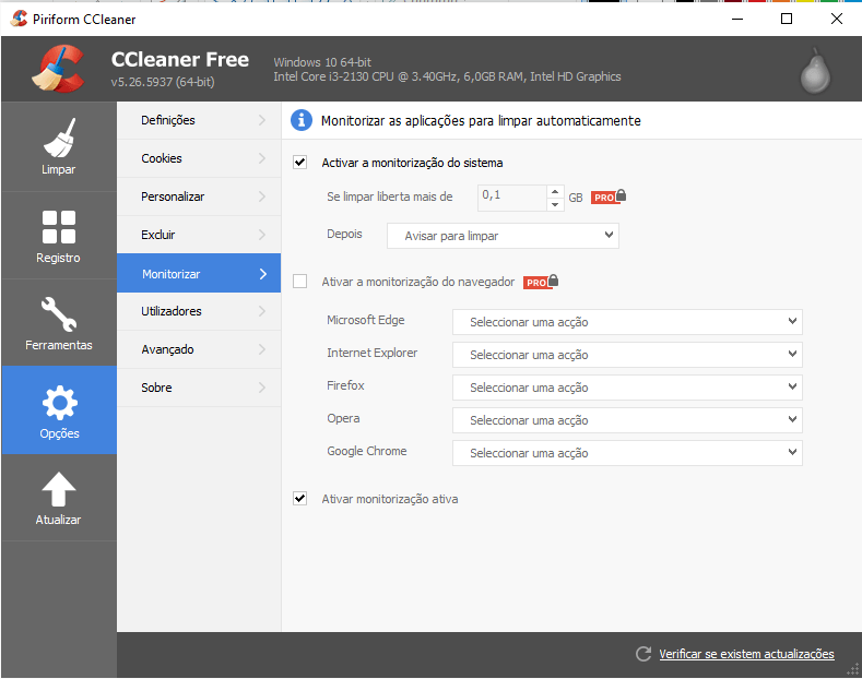 Usando o CCleaner para fazer uma limpeza em seu PC ou Mac 30 Opções - Monitoramento