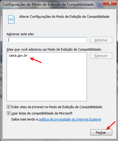 Adicionar o site da Caixa no Modo de compatibilidade