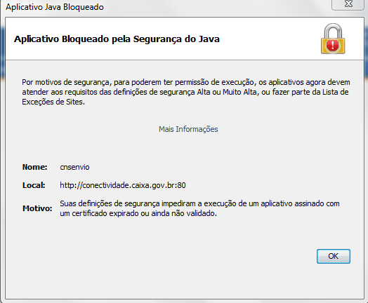 Conectividade Social solicitando Java 4 Aplicação bloqueada