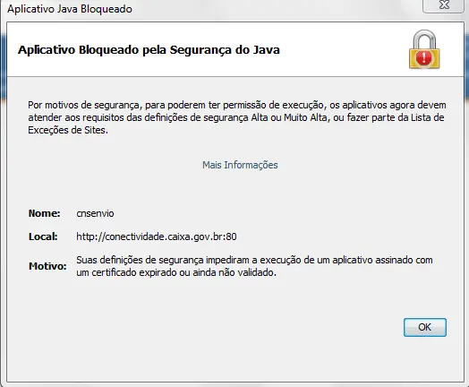 Conectividade Social solicitando Java 4 Aplicação bloqueada
