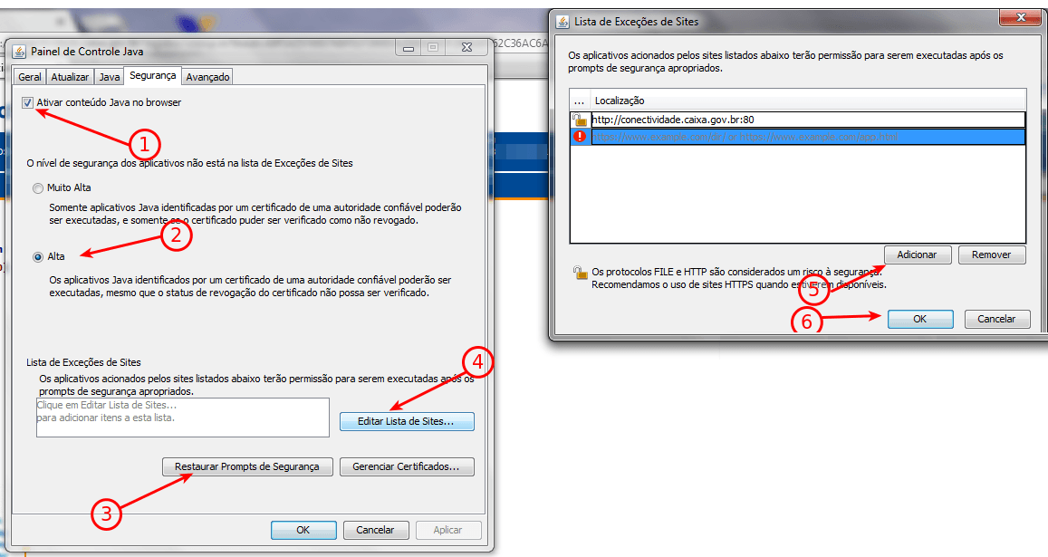 Conectividade Social solicitando Java 5 Adicionando site nas exceções