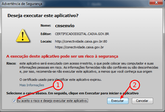 Conectividade Social solicitando Java 10 Advertência de segurança