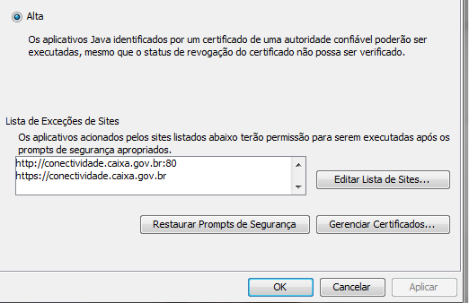 Conectividade Social solicitando Java 6 Lista de sites