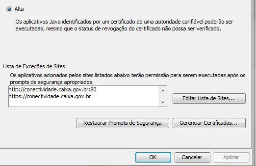 Conectividade Social solicitando Java 6 Lista de sites