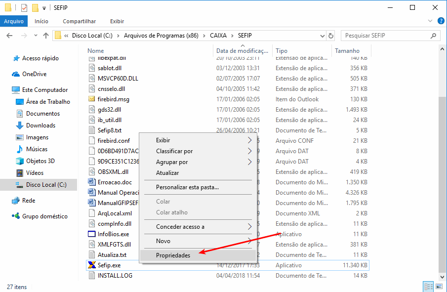 Botão direito do mouse e Propriedades do SEFIP