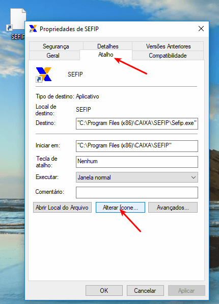 Propriedades do atalho da SEFIP