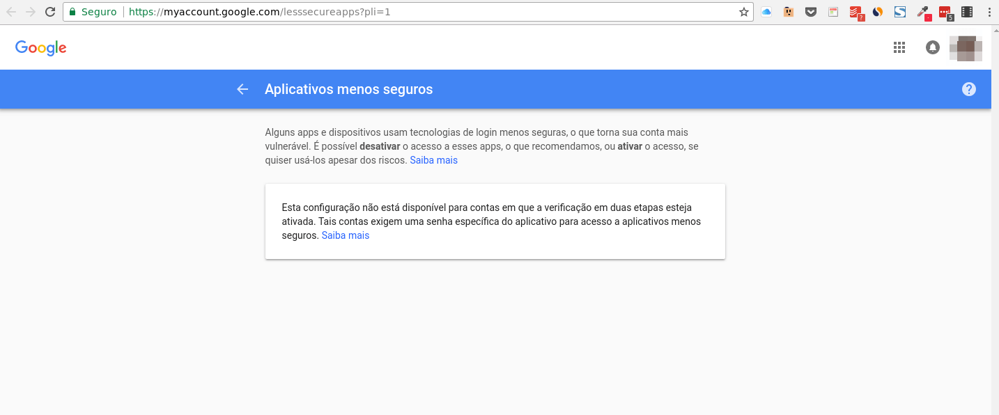 Usando o Gmail para enviar emails da VPS WordPress 7 Autenticação em dois fatores habilitada