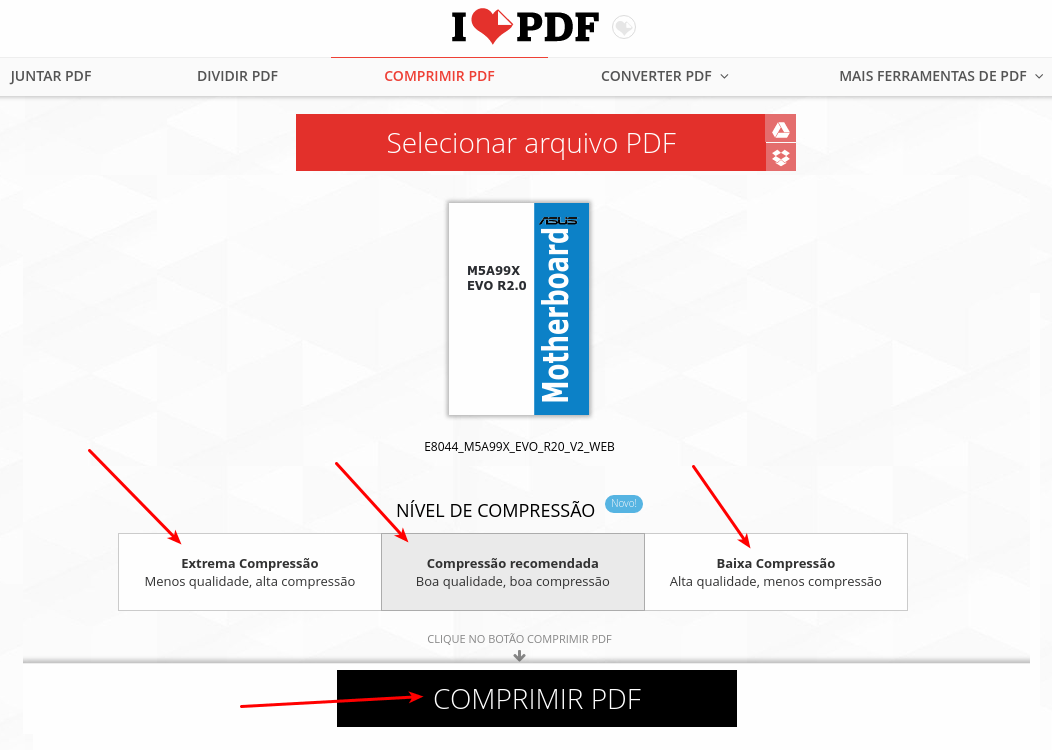 Comprimir arquivos PDF online gratuitamente 2 I love PDF - Tipo de compressão