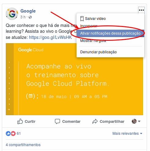 Boas práticas: Acompanhando posts do Facebook sem UP ou AC 2 Acompanhar publicação - Facebook