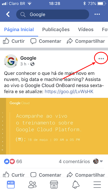 Boas práticas: Acompanhando posts do Facebook sem UP ou AC 3 Opções da publicação - Facebook no celular