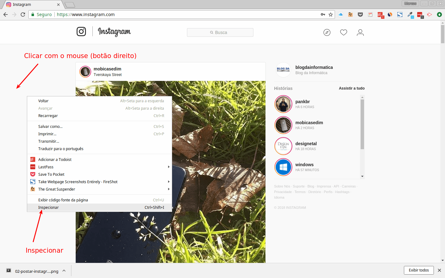 Como postar foto no instagram pelo pc 3 Inspecionar pelo browser