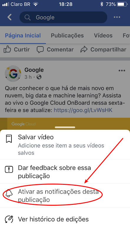 Acompanhar publicação - Facebook no celular