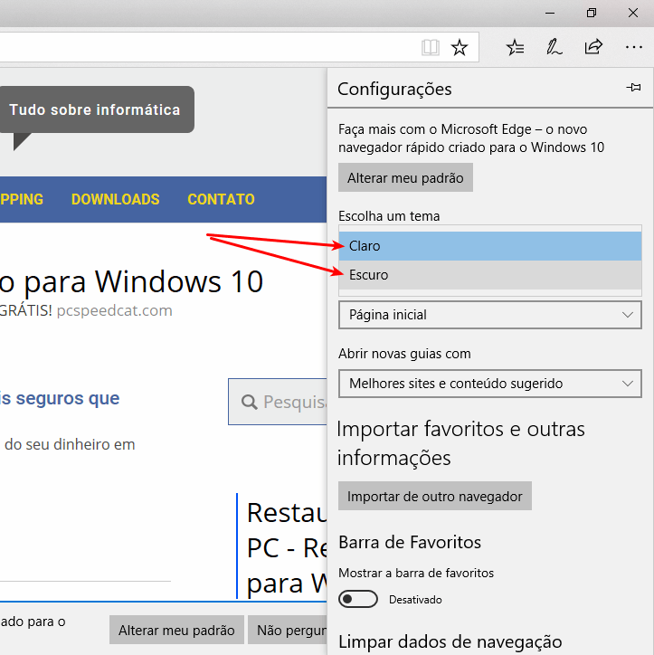 Alterar entre tema claro e escuro no Edge