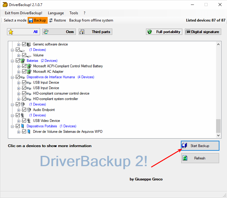 DriverBackup! - Tela principal