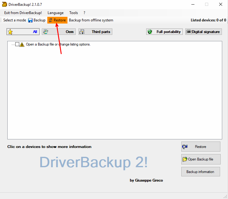 DriverBackup! - Restaurar backup