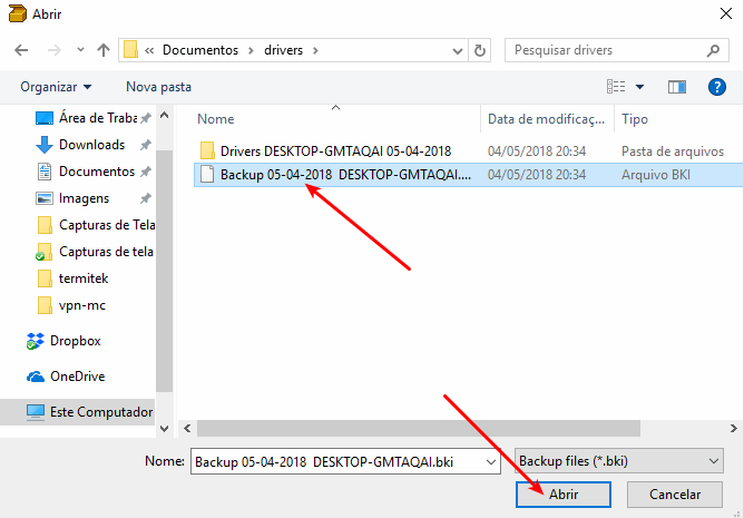 DriverBackup! - Selecionar o arquivo BKI