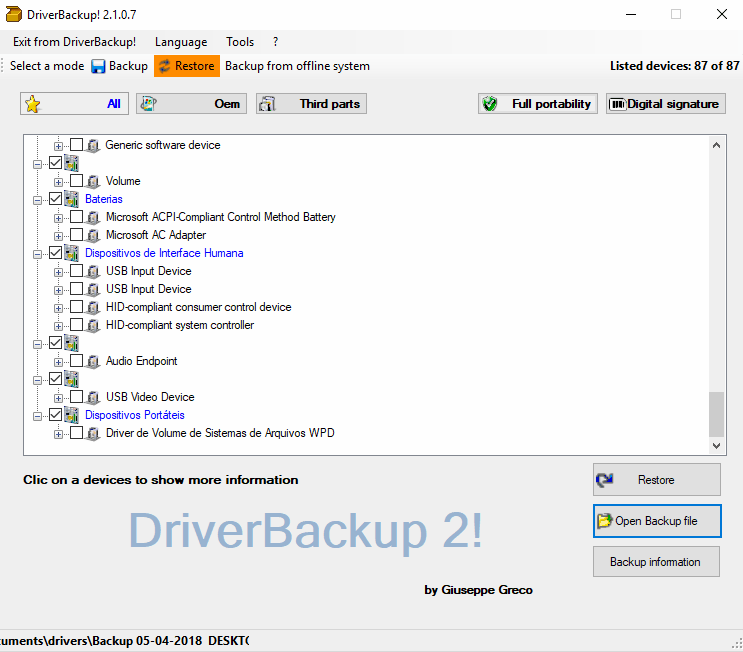 DriverBackup! - Lista dos drivers