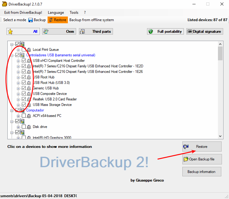 DriverBackup! - Selecionar os drivers para restauração