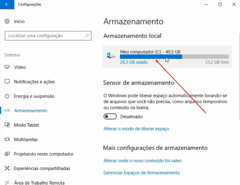 Remover versão anterior do Windows 10 3 Armazenamento no Drive C