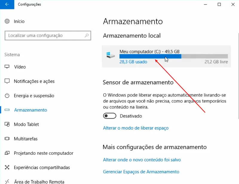 Remover versão anterior do Windows 10 3 Armazenamento no Drive C