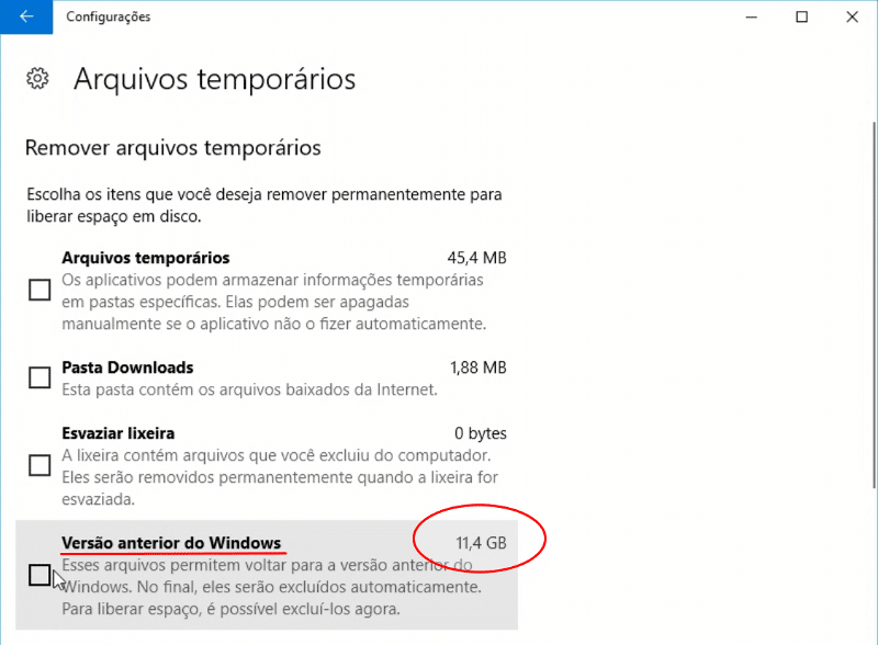Remover versão anterior do Windows 10 5 Verifique o espaço a liberar
