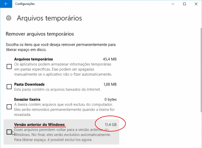 Remover versão anterior do Windows 10 5 Verifique o espaço a liberar