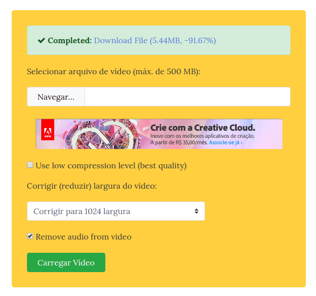 Como compactar vídeo online para enviar no WhatsApp 3 Arquivo de vídeo comprimido