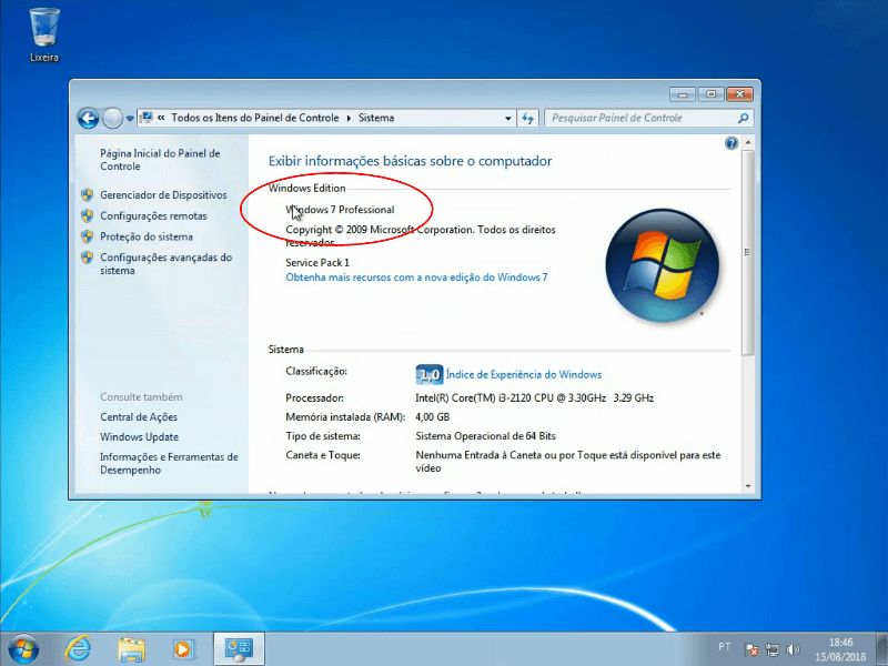 Versão do Windows instalada atualmente