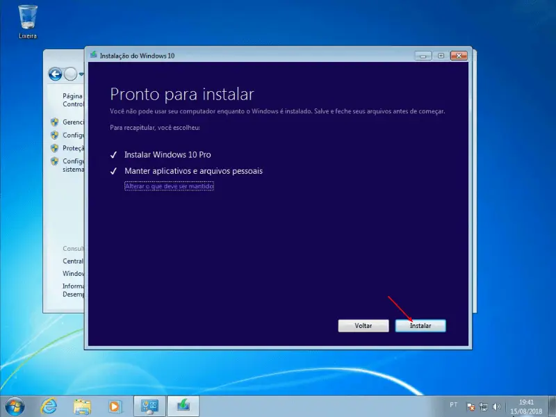 Início da atualização do Windows 10