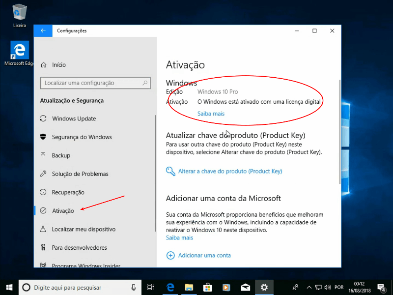 Windows ativado com a Licença Digital