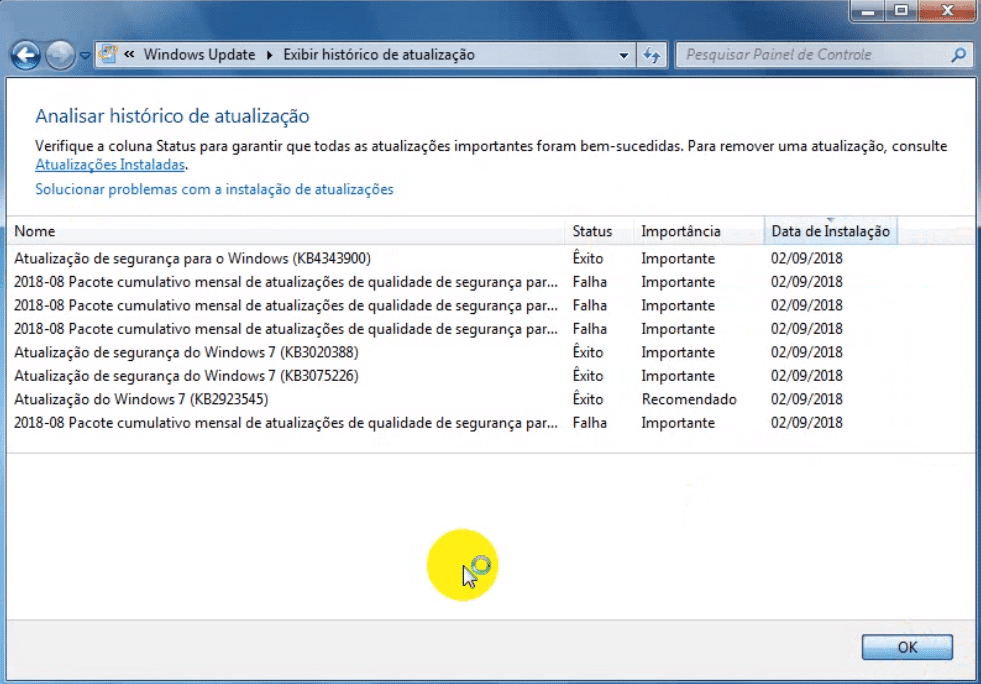 Corrigir erro 8024200F do Windows Update 9 Histórico das atualizações