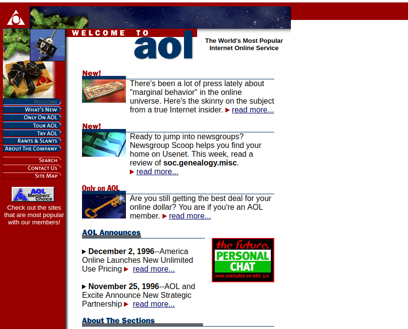 30 anos de WWW - Veja 20 sites da década de 90 e 2000 4 Aol em dezembro de 1996