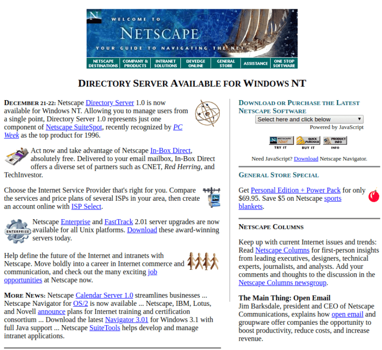 30 anos de WWW - Veja 20 sites da década de 90 e 2000 3 Netscape em dezembro de 1996