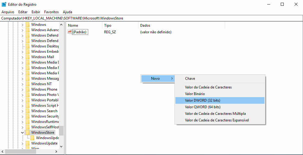Como desativar a Microsoft Store no Windows 10 2 Criar nova chave