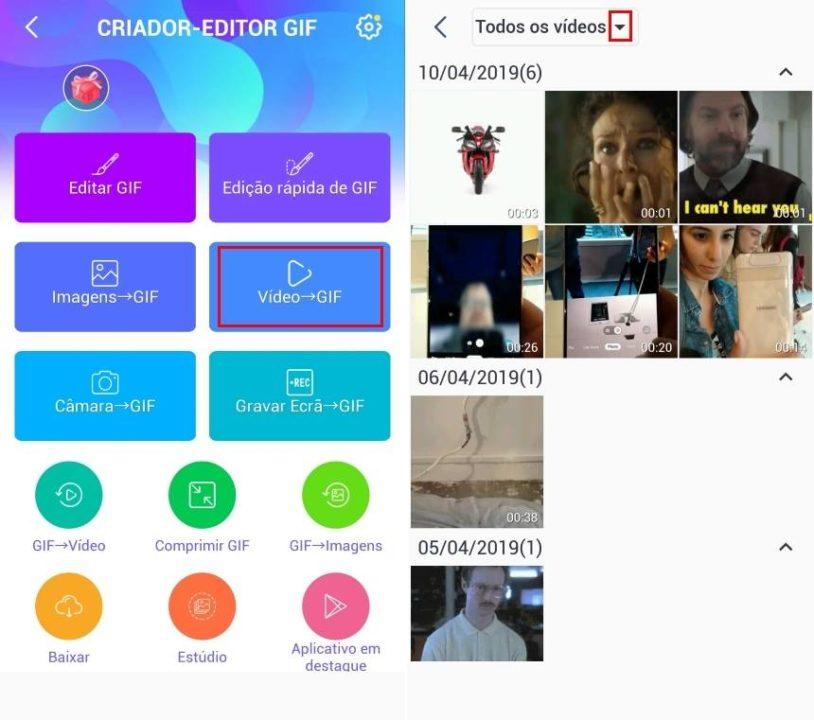 Selecione Vídeo para GIF