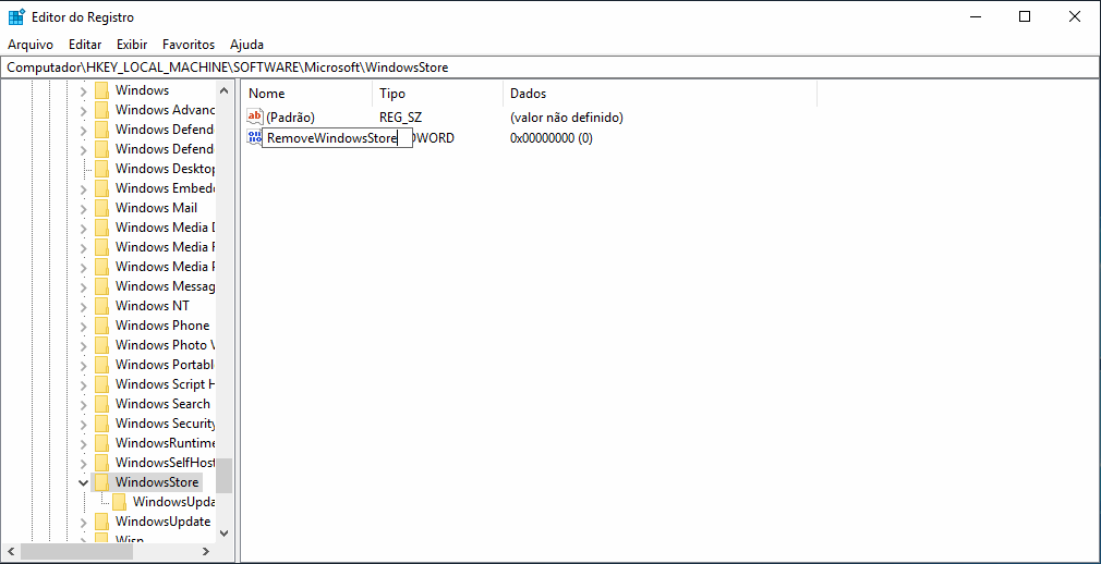 Como desativar a Microsoft Store no Windows 10 3 Renomear chave