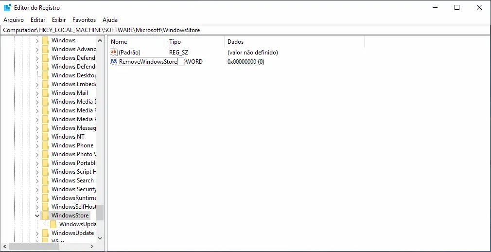 Como desativar a Microsoft Store no Windows 10 3 Renomear chave