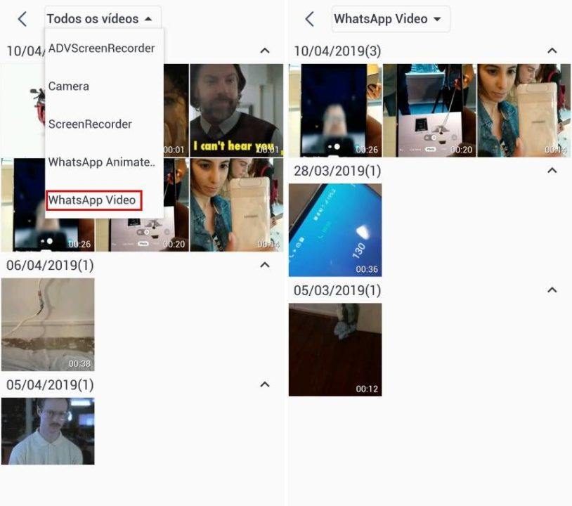 Selecionar WhatsApp vídeos e o vídeo em si