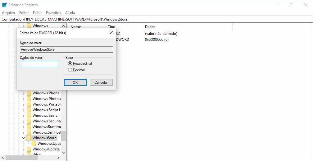Como desativar a Microsoft Store no Windows 10 4 Atribuir valor à nova chave