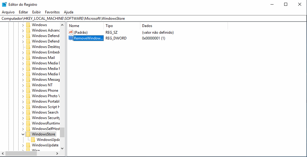 Como desativar a Microsoft Store no Windows 10 5 Chave inserida