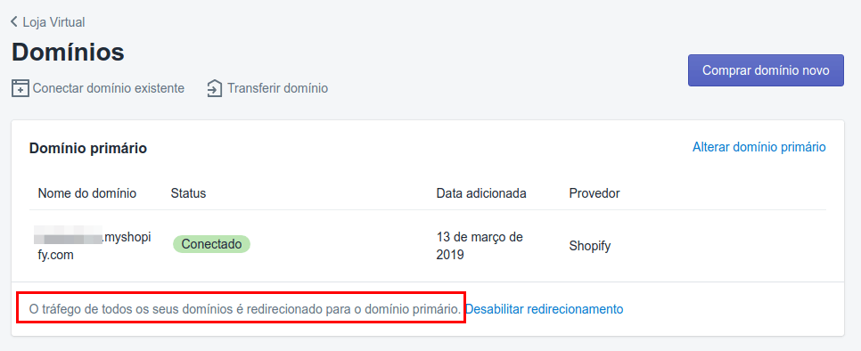Domínio personalizado em lojas Shopify 18 Redirecionamento habilitado