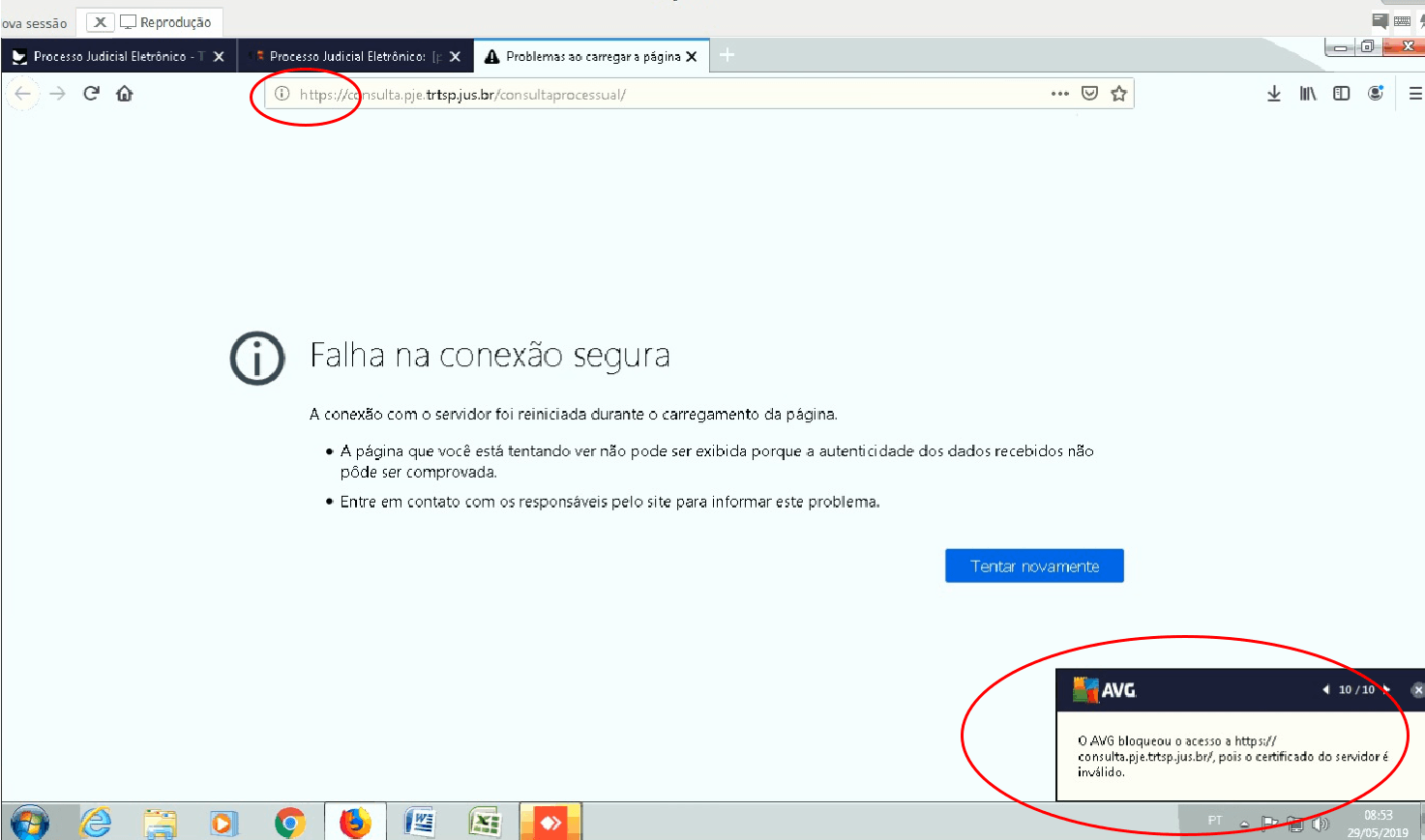 Antivírus bloqueando acesso ao TRT 1 Site bloqueador pelo AVG